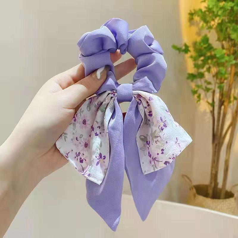 Korea Floral Bow Scrunchies For Women Satin Long Ribbon Ponytail Scarf Girls Hair Bobbles Print Elastic Hair Bands Accessories