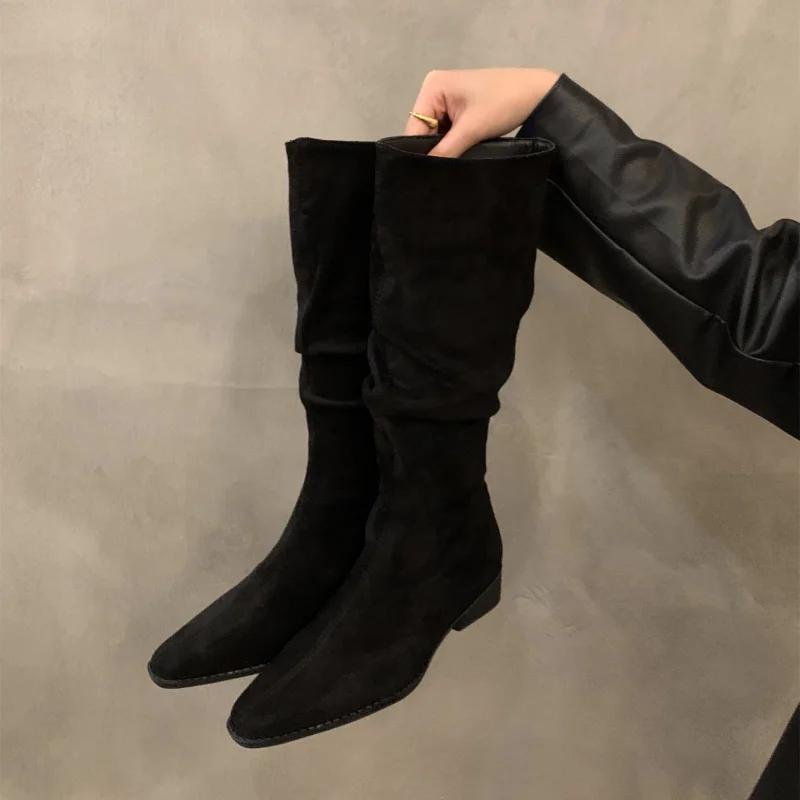 Женские ковбойские сапоги до середины икры, новые ретро-сапоги с острым носком и толстым каблуком, ковбойские сапоги в стиле вестерн, женская обувь, женские сапоги для верховой езды