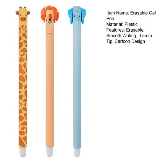 3 Pcs Erasable Gel Pens Cartoon Animal Rollerball Pens 0.5mm Black Ink Refillable Pens for Girls Boys Office School Supplies