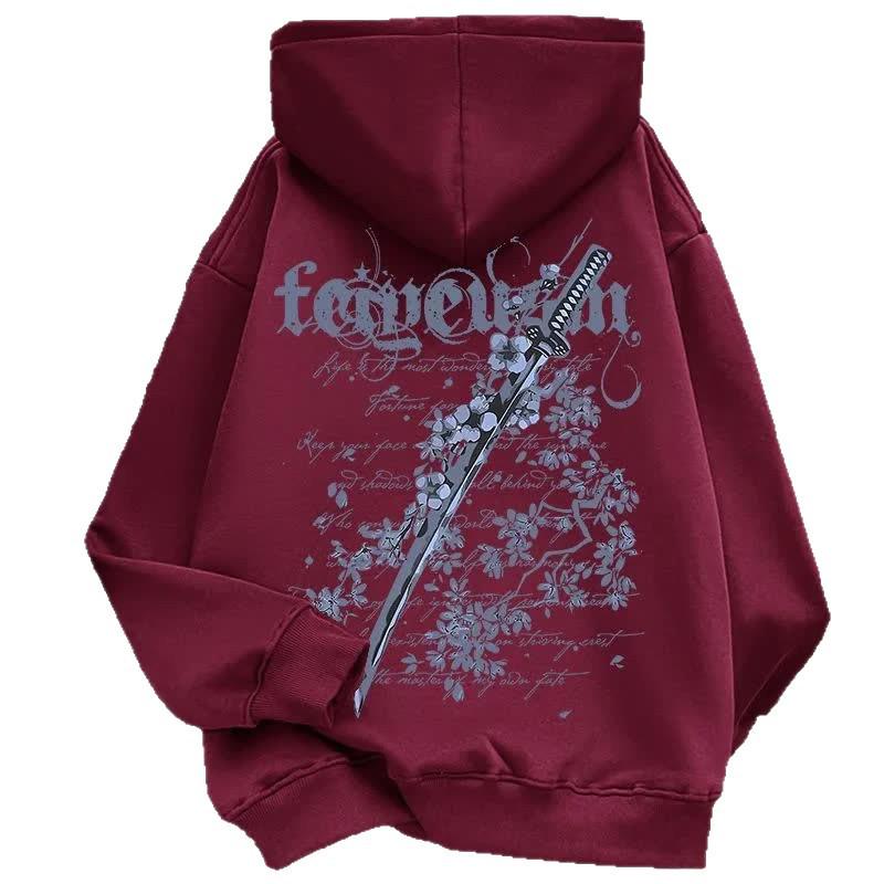 Мужская винтажная толстовка с принтом вишневого цвета и мечом, с начесом, свободного кроя, модная осенне-зимняя куртка
