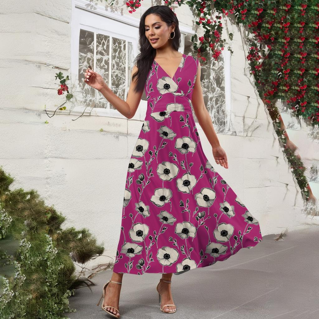 Women's Casual And Fashionable Floral Print V-Neck Sleeveless Dress Sleeveless Dress