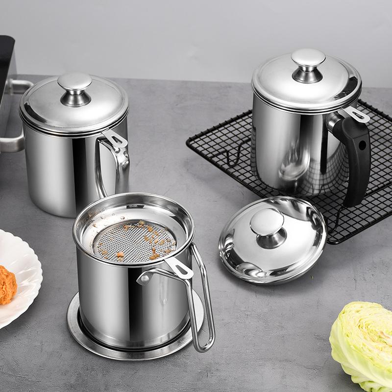 1.3L Kitchen Stainless Steel Oil Filter Pot with Tray High Capacity Lard Tank Residue Strainer Grease Separator Cooking Utensils