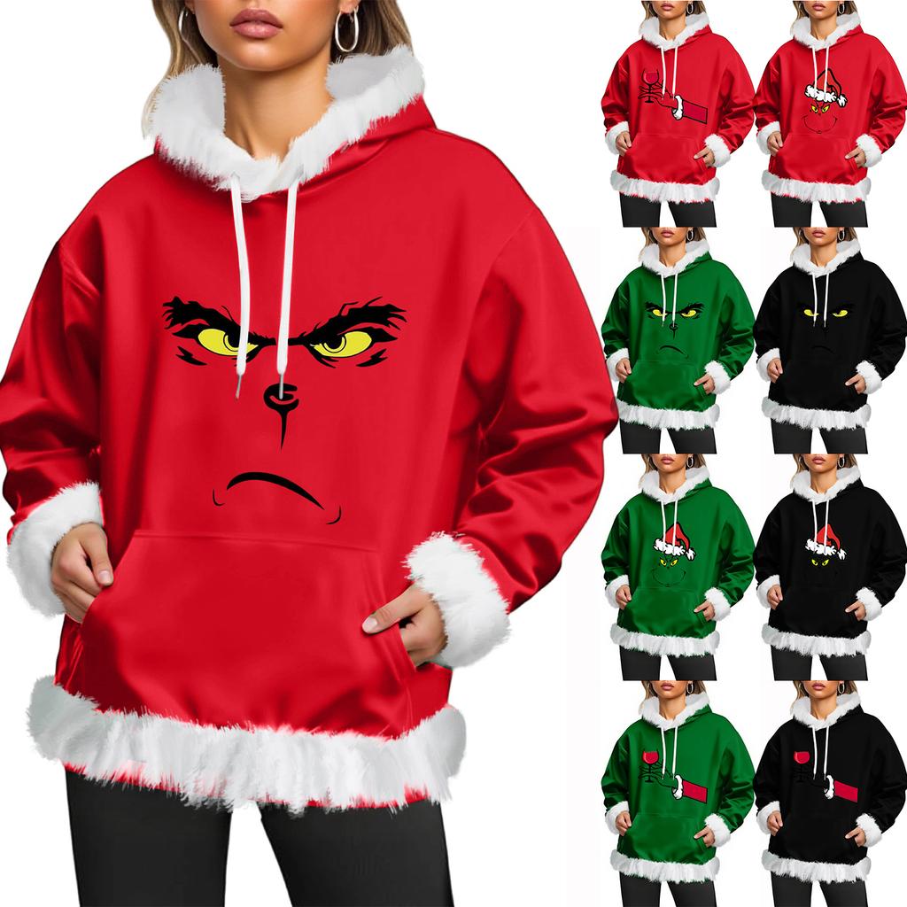 Women's Christmas Casual Fleece-Lined Hoodie With Long Sleeves And Pockets Sweatshirt Top