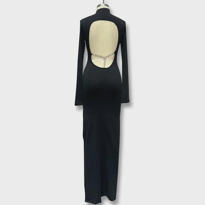 Платье в европейском и американском стиле с открытой спиной и длинными рукавами и разрезом - сексуальная и стройная длинная юбка с полостью