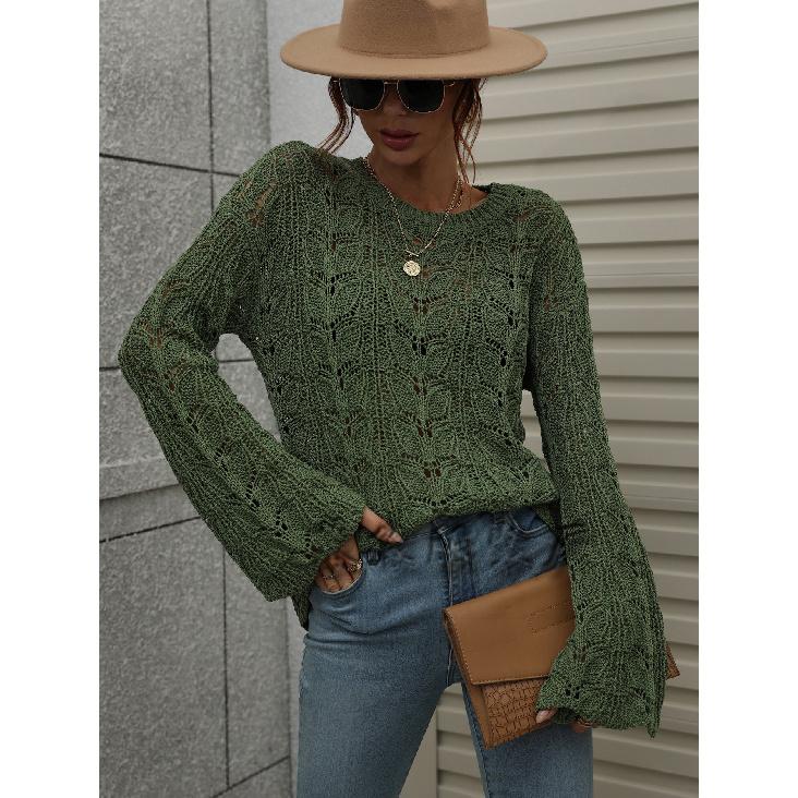 2024 Осень и зима Новый вязаный европейский и американский однотонный крючковый цветочный ажурный пуловер круглый вырез свободный свитер для женщин