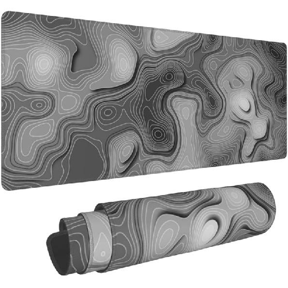 Abstract Topographic Map White Grey Black Gaming Mouse Pad Long Mouse Pad Large Desk Mat 31.5 X 11.8 Inch Mousepad with Non-Slip Base Stitched Edge