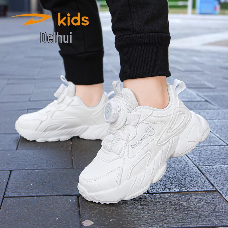 DELHU Kids' Spring/Autumn White Leather Sports Shoes - Boys & Girls Campus Sneakers, Little Black Shoes