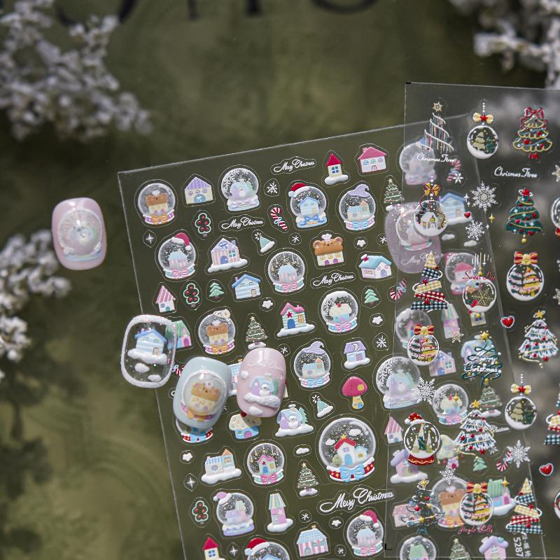Зимнее металлическое украшение для рождественской елки, наклейки для дизайна ногтей, наклейки для ногтей DIY, милые мультяшные, хрустальный шар, Санта Клаус, маникюрные наклейки