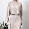 2 Pcs/Set Women Top Dress Suit Mock Collar Thread Long Sleeve Sweater V Neck Sheath Slim
