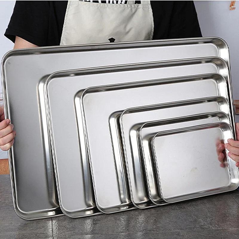 Kitchen Rectangle Stainless Steel Food Storage Serving Trays Sausage Noodles Fruits Dish Restaurant Hotel Metal Dinnerware Plate