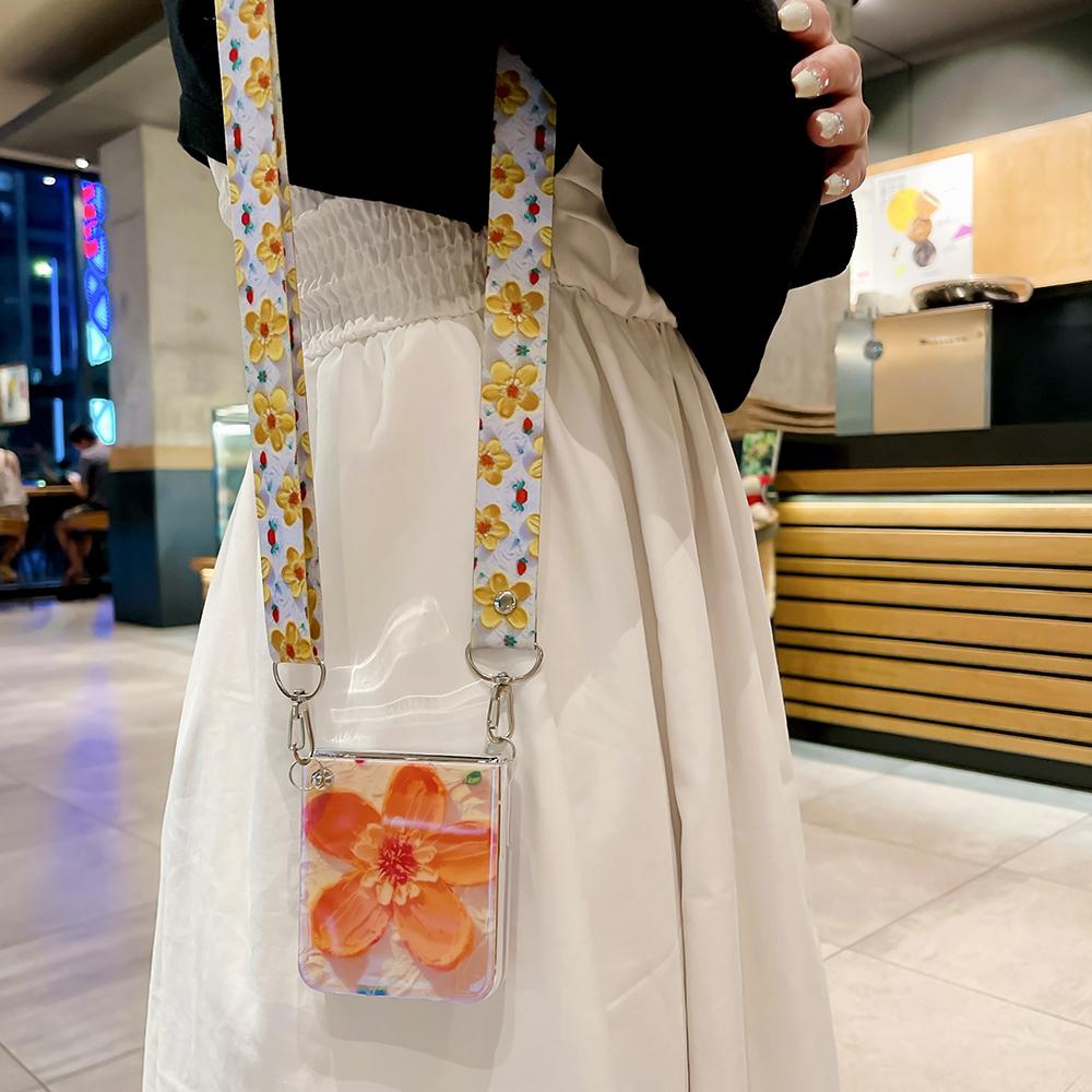 Чехол с ремешком через плечо с цветами и акварельными цветами для Samsung Galaxy Z Flip 5 4 3, милый глянцевый силиконовый чехол с цветочным принтом