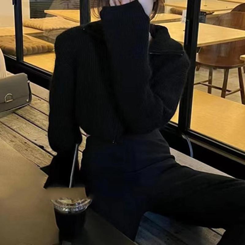 Элегантный модный кардиган с высоким воротником, короткий свитер, женский свободный, осенне-зимний, новый, универсальный, на молнии, с длинными рукавами, куртка-свитер, повседневный, простой, офисный топ
