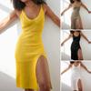 Женское вязаное крючком облегающее платье, летнее трикотажное платье-майка без рукавов с высоким разрезом