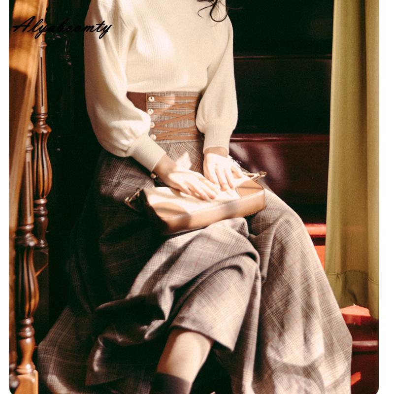 Осень-зима в английском стиле, женская длинная теплая юбка макси с высокой талией, бандажная плотная клетчатая шерстяная юбка, элегантная женская шерстяная юбка трапециевидной формы
