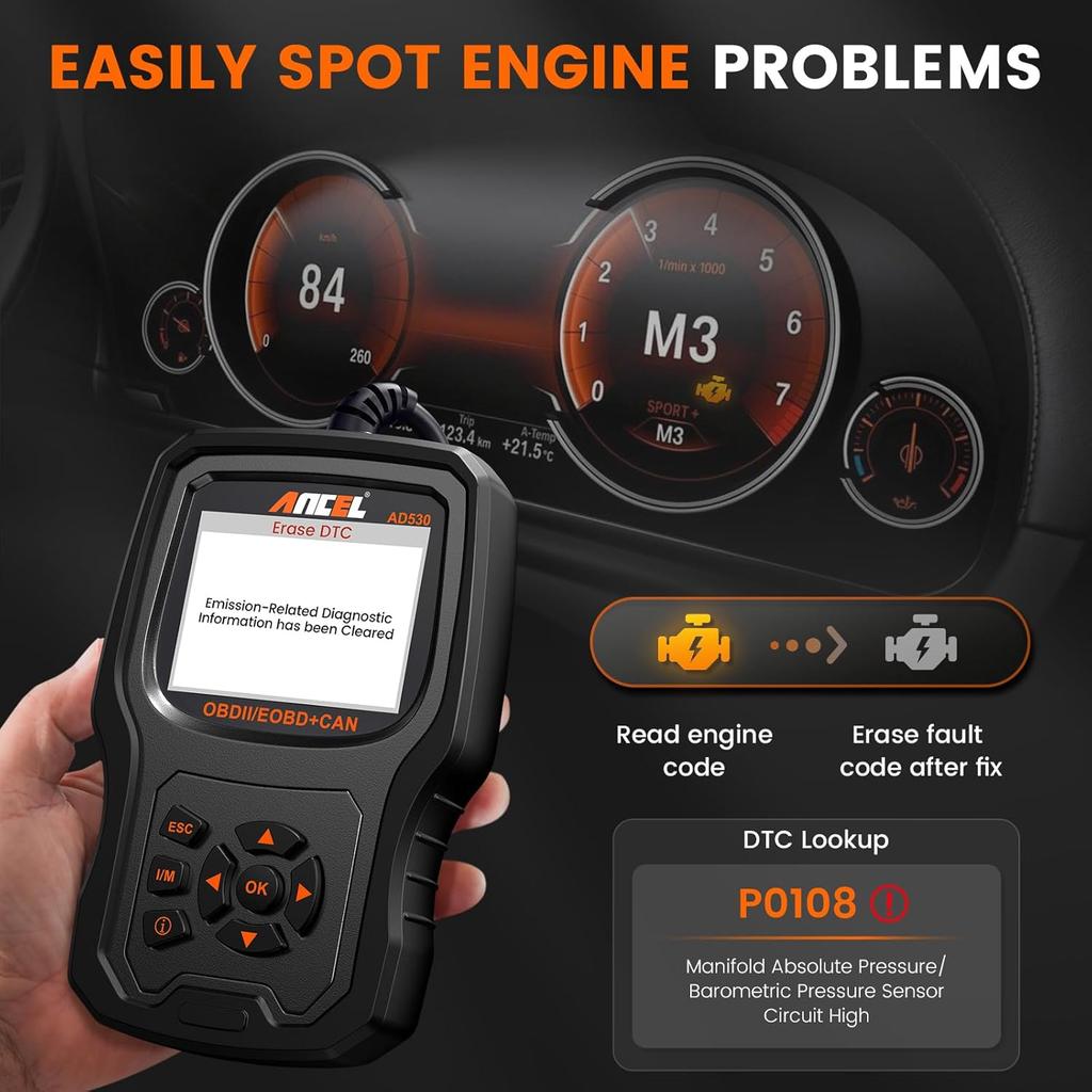 ANCEL AD530 OBD2 Scanner Diagnostic Tool, Universal Check Engine Code Reader With Live Data, Car Diagnostic Tool With Upgraded Battery Tester & All