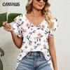 Летняя женская футболка с принтом и v-образным вырезом, свободные футболки с двойными рюшами и рукавами, топы