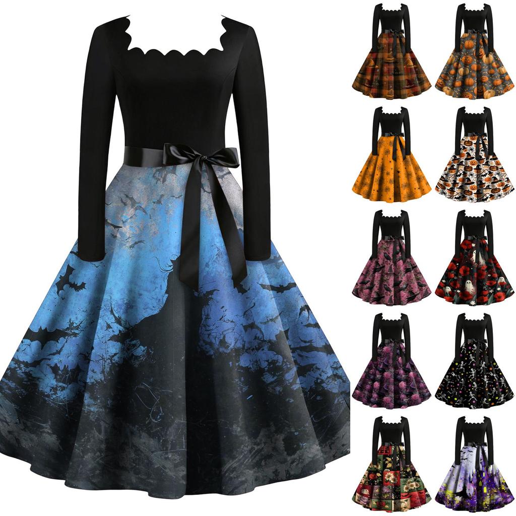 Women's Vintage Long Sleeve Square Neck Dress Halloween Skeleton Print Party Dress Retro Style Full Skirt with Waist Tie Belt