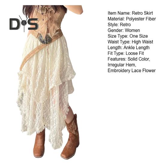 Ретро-юбка с эластичной высокой талией, кружевная юбка нестандартного дизайна, длинная юбка-миди во французском стиле с вышитым кружевом и цветочным узором