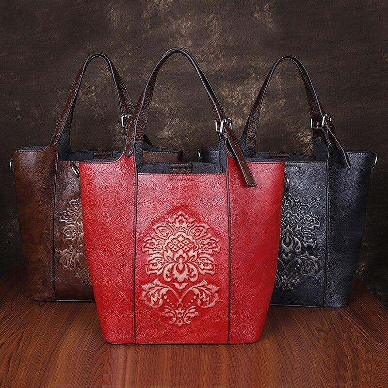 Johnature Роскошные сумки в стиле ретро, ​​женские сумки-мешки, винтажные сумки на плечо большой емкости с цветочным принтом из воловьей кожи с тиснением ручной работы