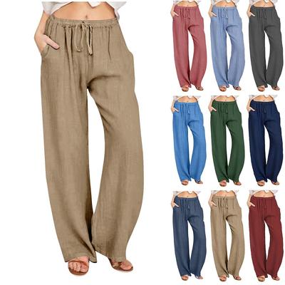 Летние хлопковые льняные широкие брюки, женские свободные брюки-палаццо, повседневные брюки с карманами и эластичной резинкой на талии, пуговицы