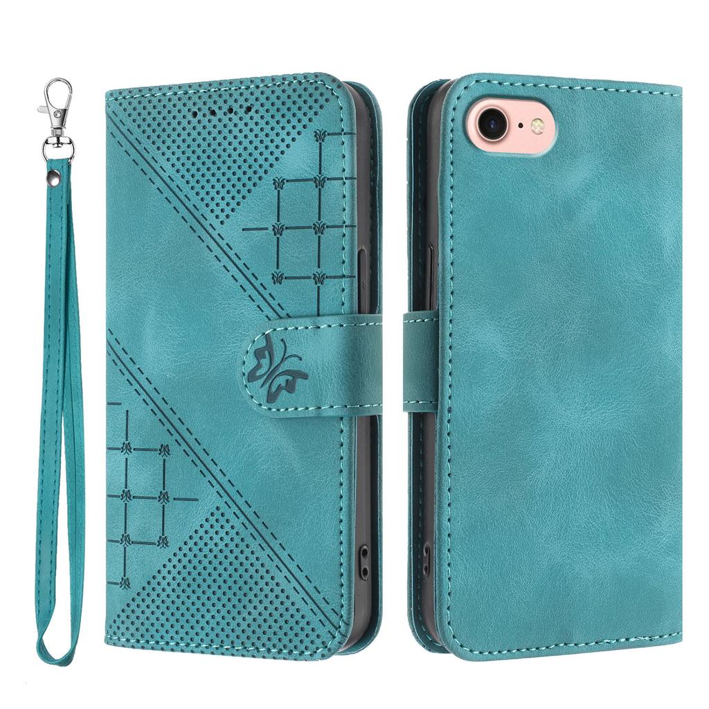 For iPhone 16e Leather Wallet Case Butterfly Flower Imprinted Phone Cover with Strap