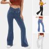Women High Waist Denim Pants Slightly Slim Fit Flared Jeans Pockets Cross Waistband Denim Trousers Streetwear