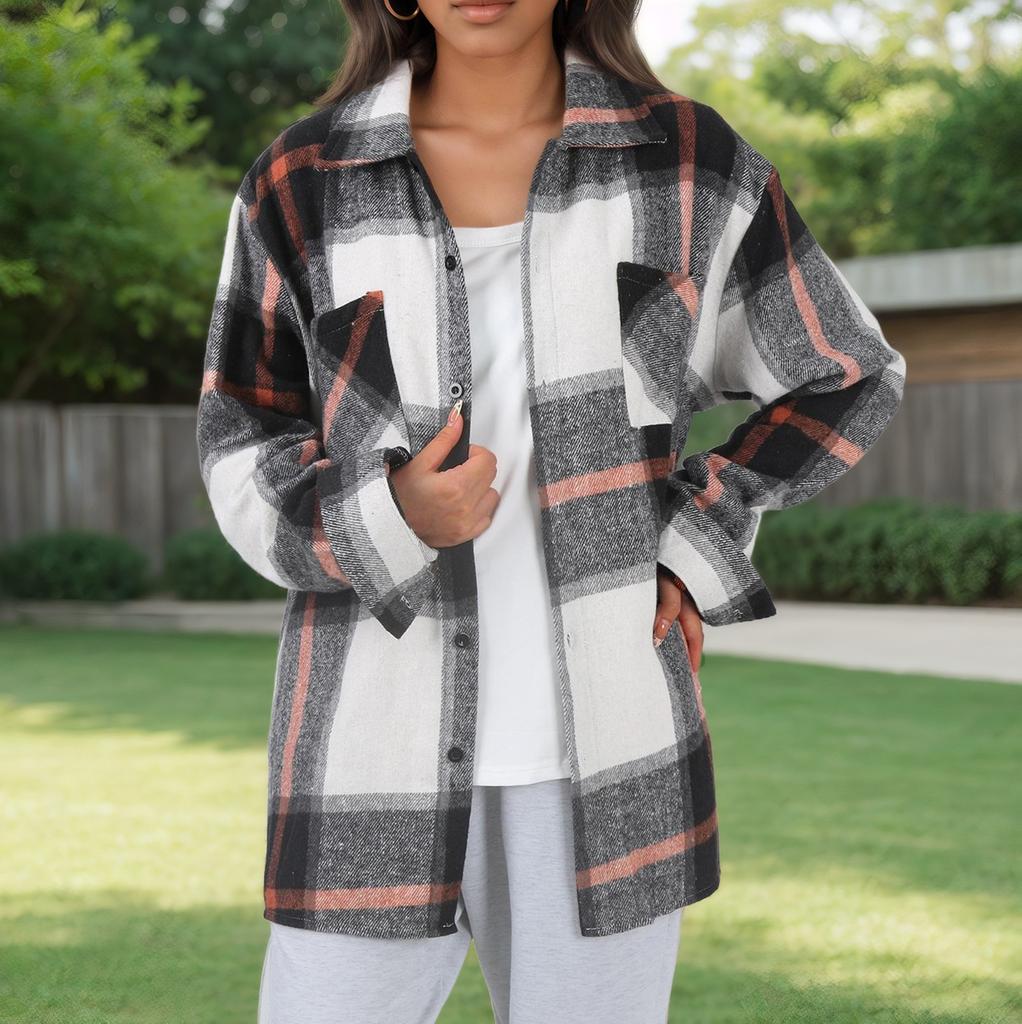 Женское пальто осень и зима клетчатая рубашка пуговицы модное шерстяное пальто