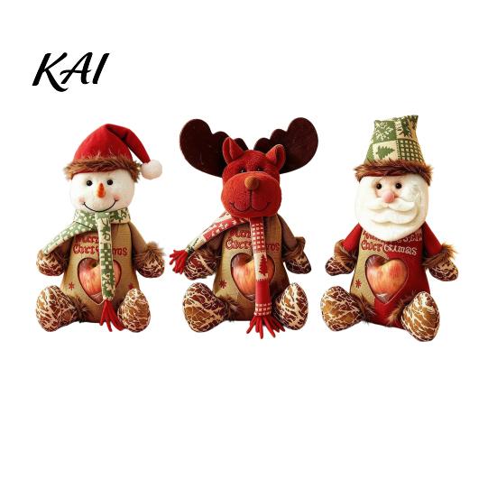 Decorative Tabletop Holiday Decor Christmas Burlap Gift Bags with Clear Window, Santa Snowman Hanging Tree Ornaments Reindeer Drawstring Pouch,