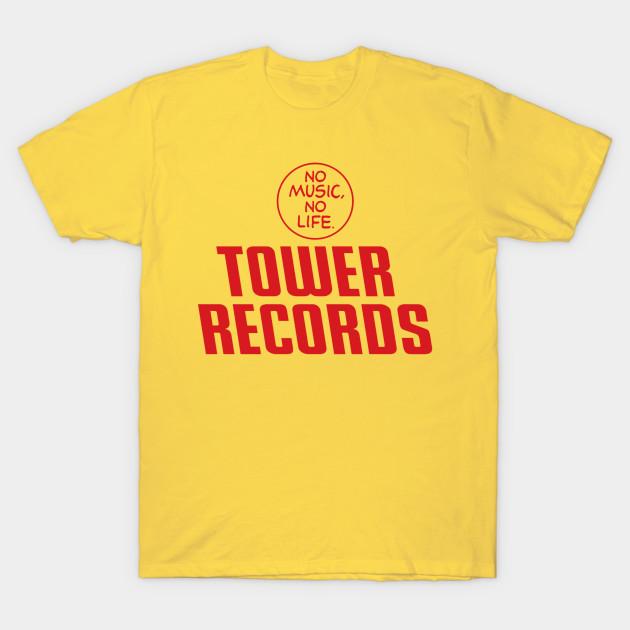 Asian Size Men Black Print T-shirt Tower Records No-Cut Heat Transfer Print Cotton Tshirt