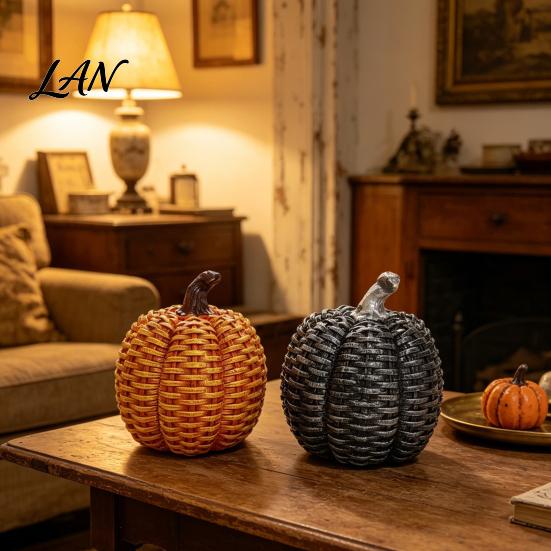 Halloween Pumpkin Decor Faux Rattan Resin Figurine, Vintage Distressed Orange Black Farmhouse Tabletop Fall Seasonal Window Decor, Indoor Harvest