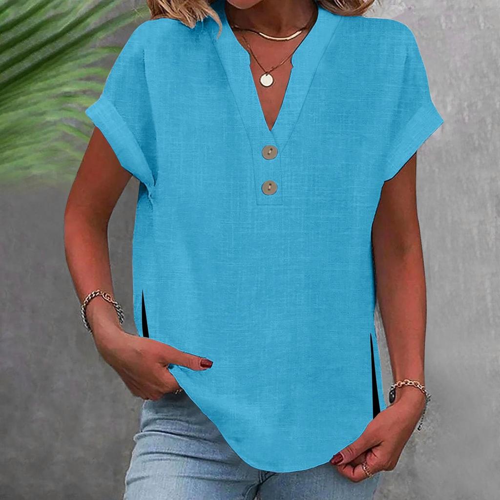 Women's Fashion Casual Solid Colour V-Neck Short Sleeve Button Split Shirt T-Shirt Top