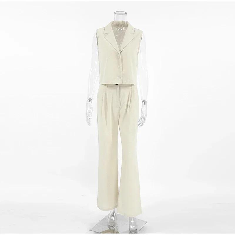 Casual Solid Vest Suit Women Sleeveless Single Breasted Tops High Waist Pants Summer Fashion Lady Elegant Set