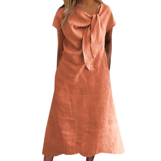 Женское платье миди с декорированным воротником и бретельками, платье с коротким рукавом, однотонное свободное летнее повседневное платье