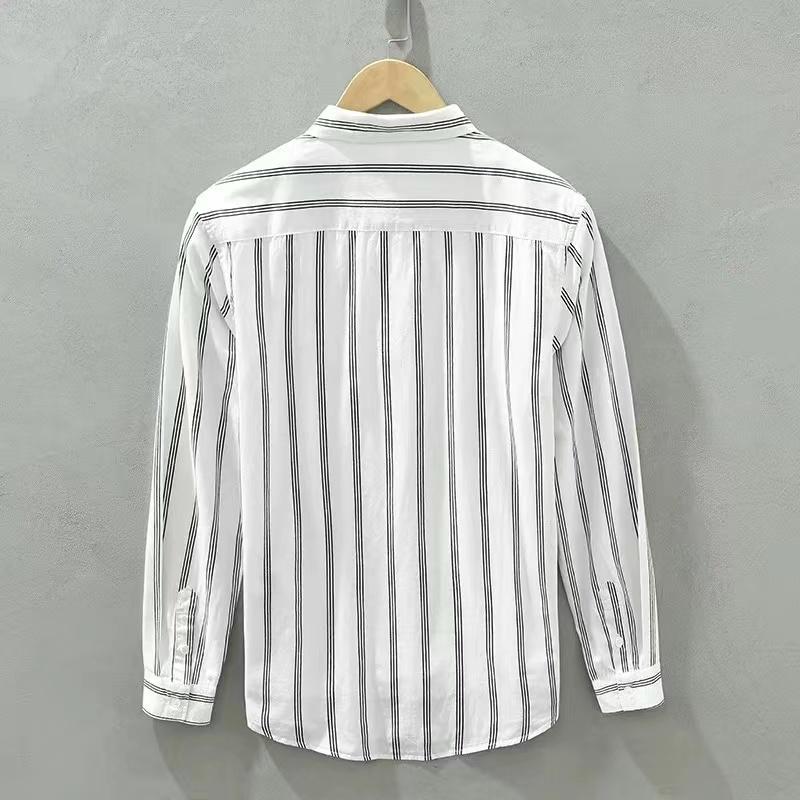 Japanese Retro Striped Long Sleeve Printed Shirt for Men Loose Casual Versatile White Jacket Trendy Top