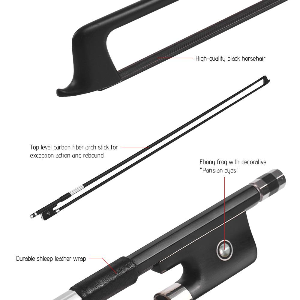 4 4 Скрипка Смычок Карбоновое волокно Круглая палочка Эбонитовая колодка Черный конский волос Хорошо сбалансированный