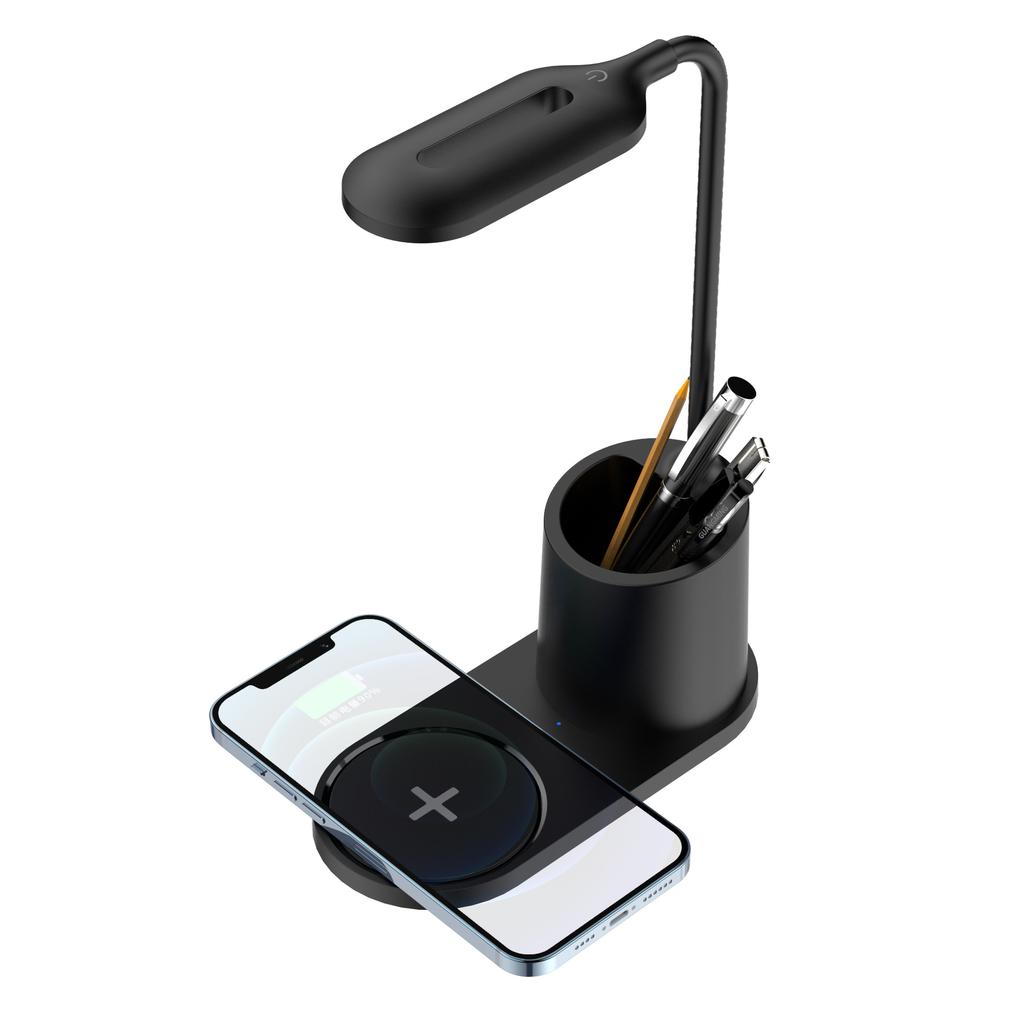 3-in-1 Pen Holder Desk Lamp with 15W Wireless Fast Charging, QC2.0 Protocol, TYPE-C Power, 360° Flexible Pole & 3-Color Stepless Dimming