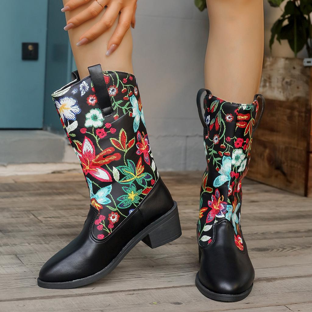 Women Boots Autumn Winter New Styles Fashion Shoes for Women Sweet Embroidery Flower Square Heel Boots Women Zapatos De Mujer