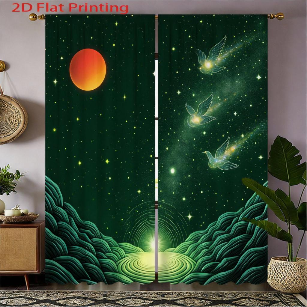 Galaxy Curtains 2pcs – Black and White Planets Stars Print, Astronomical Art Decor for Bedroom Living Room