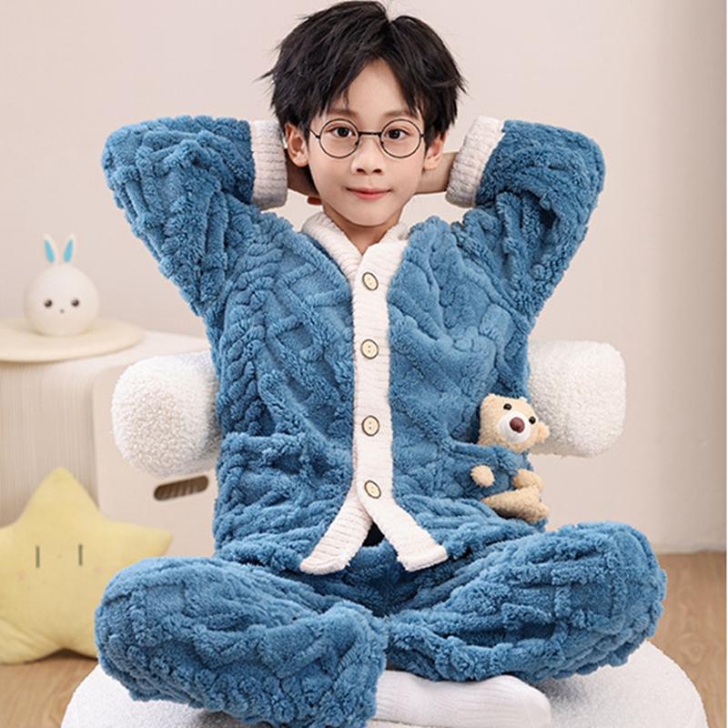 Детские осенне-зимние мягкие фланелевые теплые пижамные комплекты, детская мультяшная пижама с принтом медведя, пальто и брюки, пижама для мальчиков и девочек, повседневная одежда для сна