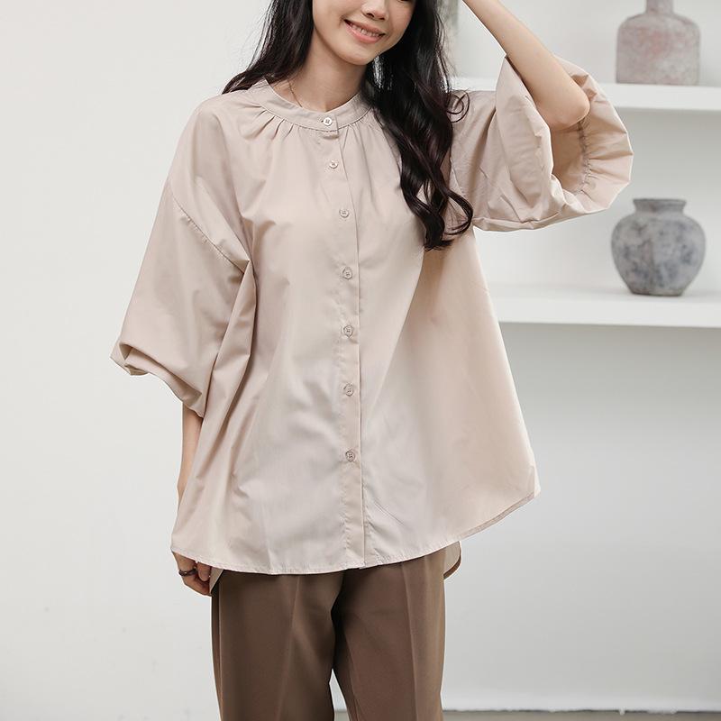 Japanese Short-sleeved Shirt for Women In Summer New Versatile Lazy Loose Puff Sleeve Solid Color Shirt