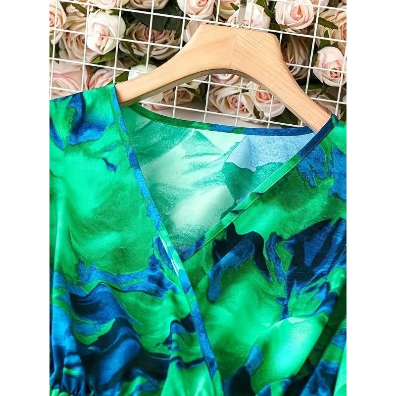 Весенне-осеннее женское платье больших размеров с принтом тай-дай, плиссированное платье на талии, платья с длинным рукавом и V-образным вырезом