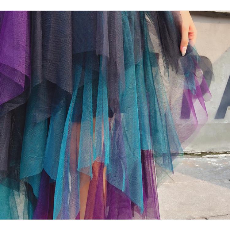 Women's Spring and Summer High Waisted Puffy Skirt Gradient Colour Irregular Mesh Short Skirt Performance Skirt