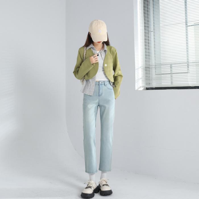 Ретро-брюки с высокой талией, прямые джинсы для женщин, Qiu Xiao, маленькие мужские брюки из старого материала, тонкие эластичные брюки-сигареты с девятью точками для женщин Qiu