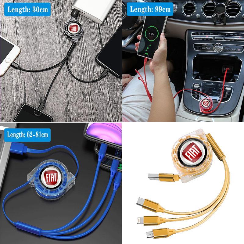 Кабель для быстрой зарядки 3 в 1 с логотипом автомобиля Fiat, USB-кабель Type C Micro USB для Stilo Ducato Panda 500 Pondo Abarth Punto Palio Viaggio