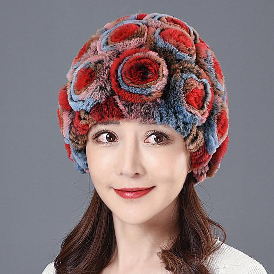 Women Winter Hat with Integrated Scarf Thick Warm Faux Rex Rabbit Fur Flower