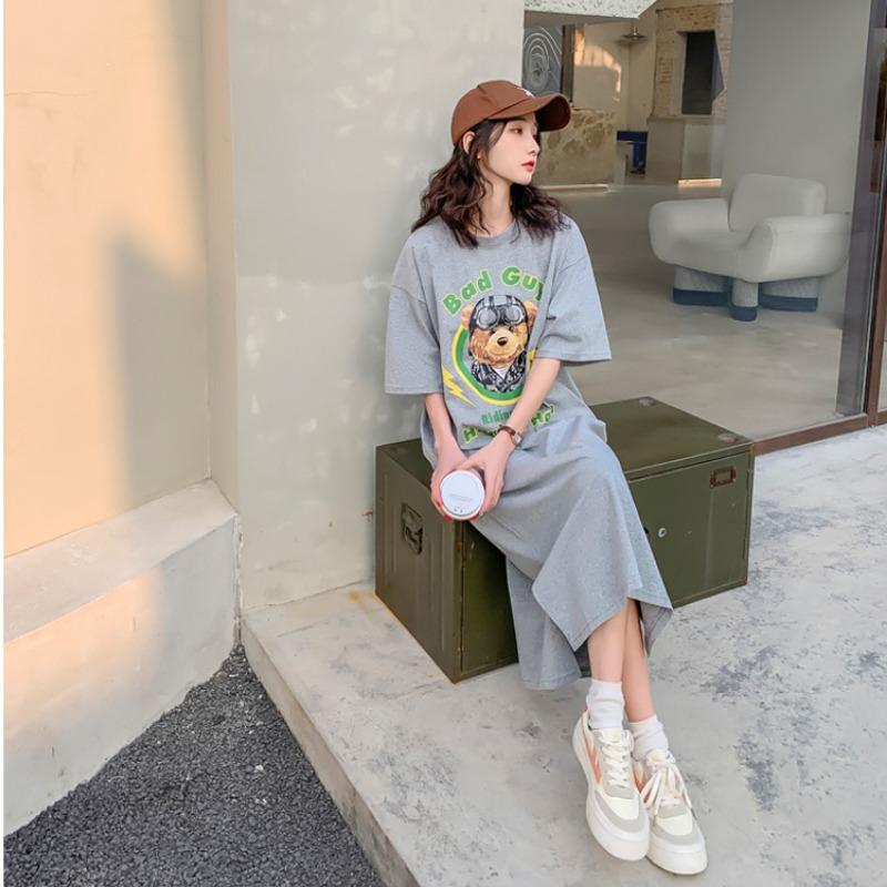 Женское повседневное платье-футболка, свободное корейское платье с коротким рукавом и мультяшным принтом для сна