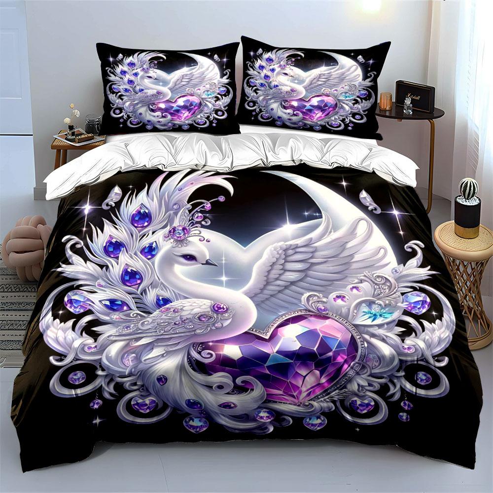 "Elegant Swan Heart Decor Set" Bedding Set with 1 Duvet Cover 2 Pillowcases Single Double King Queen, Gift