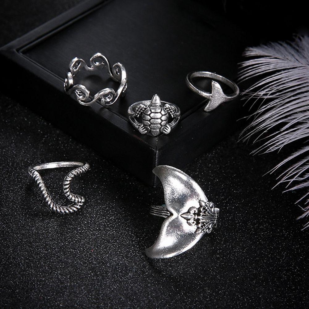 5PCS Geometric Charm Jewelry set Rings Set Whale Tail Waves/Turtle Finger Ring