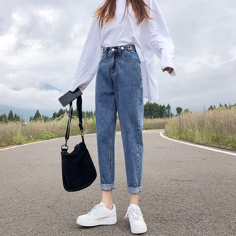 Весенне-осенние женские джинсовые брюки с высокой талией, свободные утягивающие джинсы, универсальные шаровары, укороченные брюки