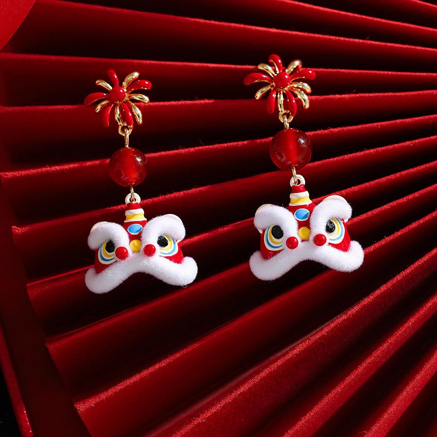 Silver Needle Dripping Oil Glass Lion Dance Earrings – Light Luxury, High-End Feel, Chinese New Year Festive Style Studs.